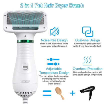 2-in-1 Dog Hair Dryer & Grooming Comb – Quiet, Portable Pet Blow Dryer