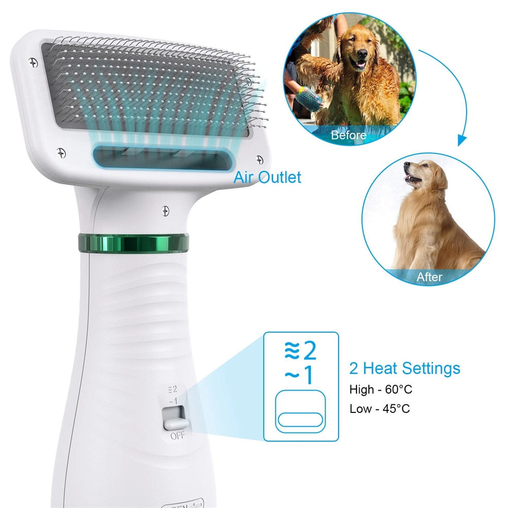 2-in-1 Dog Hair Dryer & Grooming Comb – Quiet, Portable Pet Blow Dryer